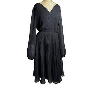 Ann Taylor Pleated Dress 12 Black Swiss Dot Midi Sheer Balloon Witch Ballet Goth